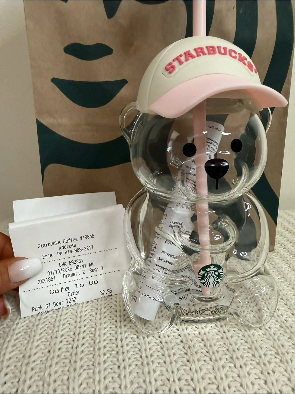 Starbucks NWT Clear Bear glass with Pink Strawberry Straw